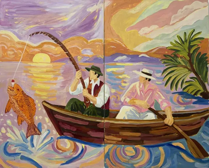 Golden Hour Catch, oil on canvas, 2026, by Ayesha Abbas Khan