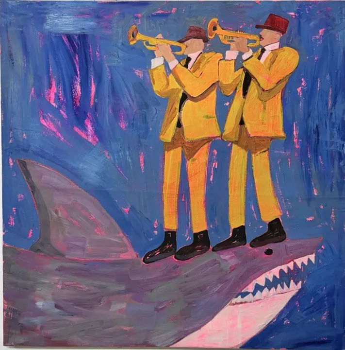 Trumpets Over Water, oil on canvas, 2026, by Ayesha Abbas Khan